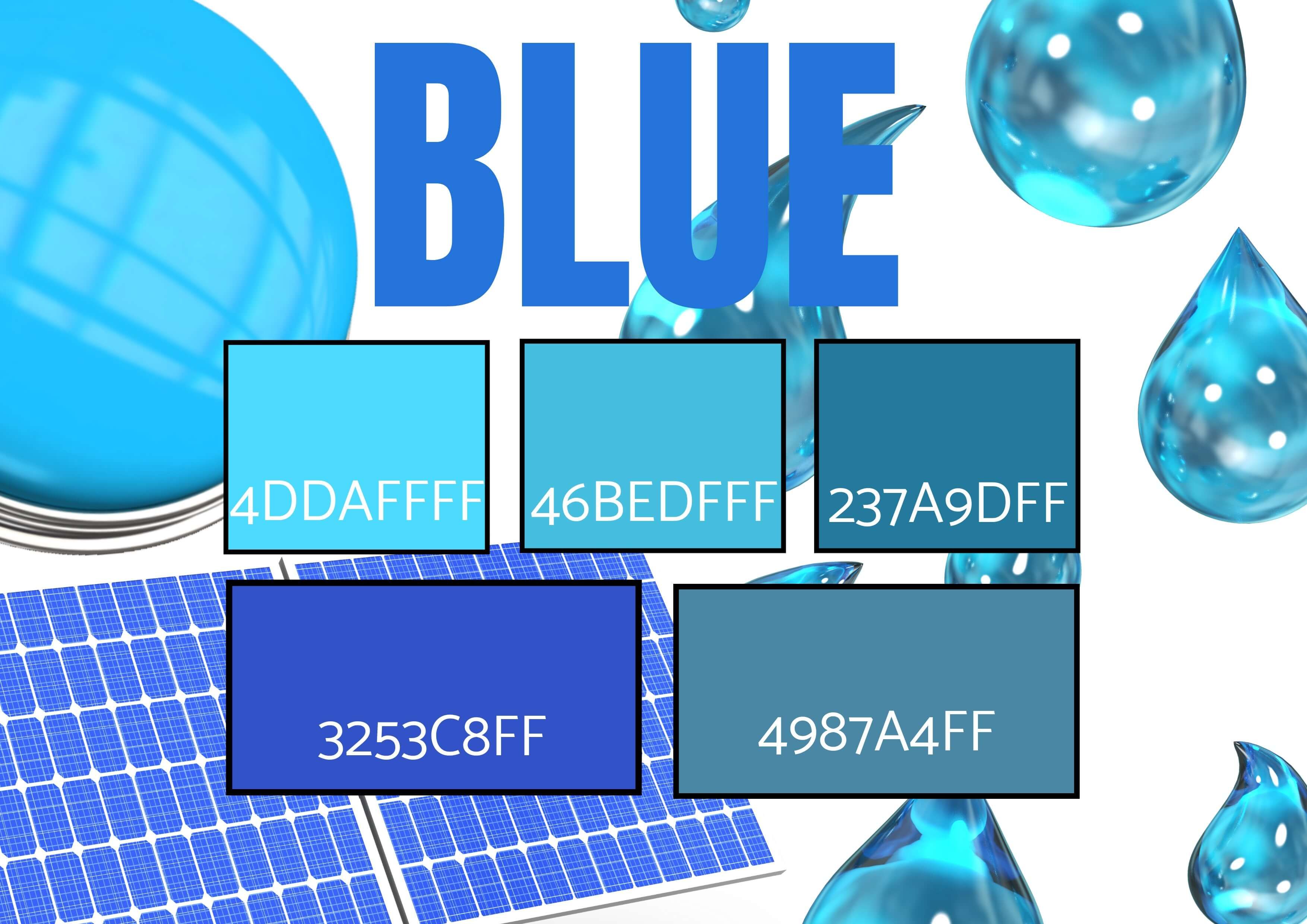 Seleção de 5 tons de azul com imagens de gotas de água, botão e painel solar - simbolismo